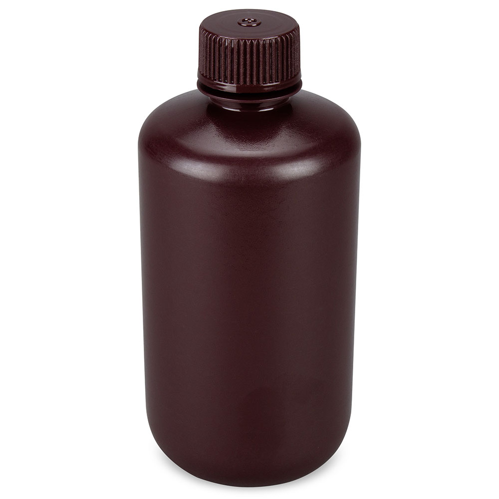 Globe Scientific Bottle, Narrow Mouth, Boston Round, Amber HDPE with Amber PP Closure, 250mL, Bulk Packed with Bottles and Caps Bagged Separately, 250/Case Image